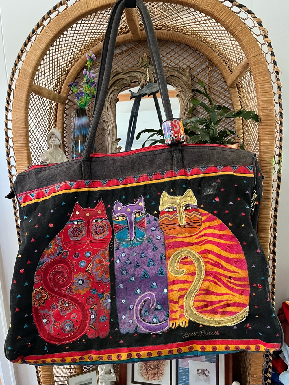Vintage Laurel Burch Cats Tote Bag Large Travel Beaded Duffle Colourful Cat USA